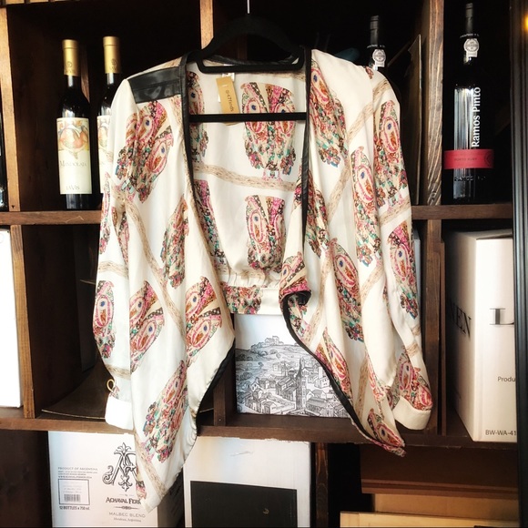 Vintage Tops - Cropped Kimono Silk & Vegan Leather Top with Owls